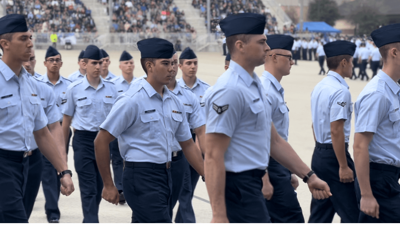 Airmen marching in formation at BMT graduation, Lackland AFB
